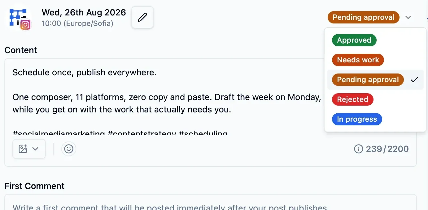 A scheduled Instagram post in PostFast with its approval status menu open: Approved, Needs work, Pending approval (selected), Rejected and In progress.