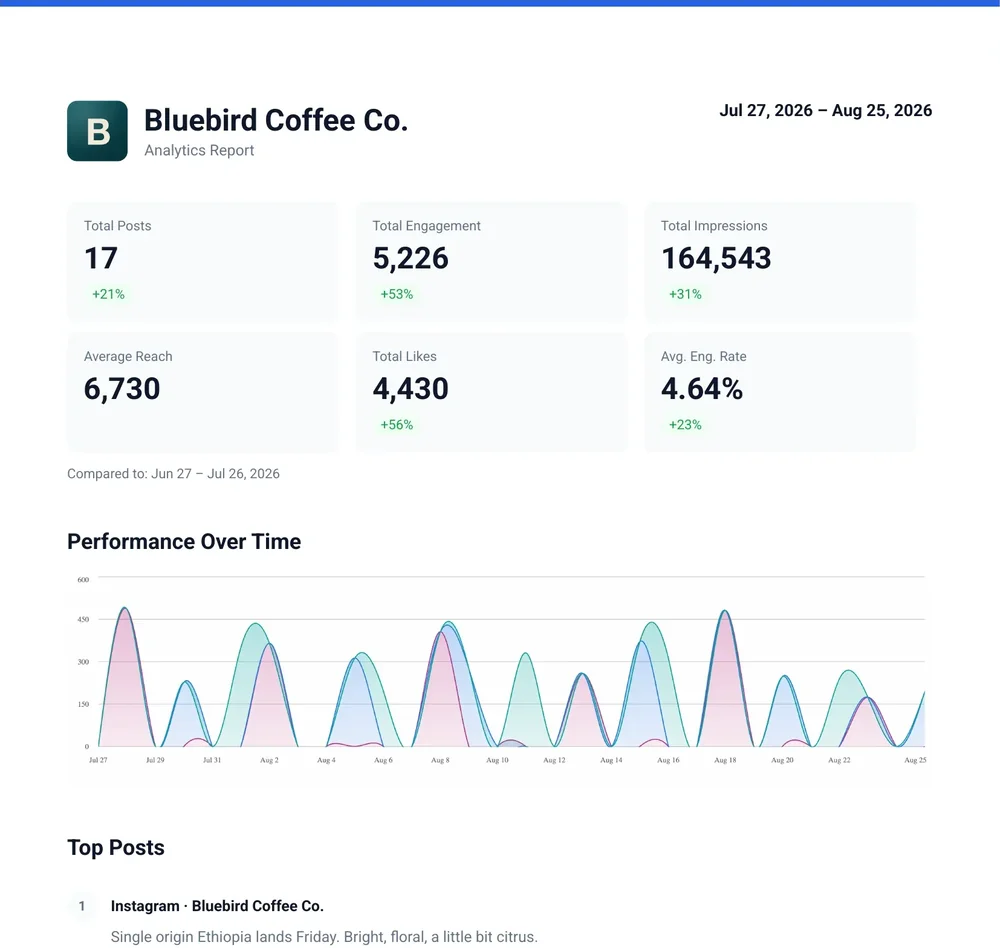 The first page of a client analytics report PDF with the client's logo and name in the header, six headline metrics and a performance chart. The client is a demo workspace.