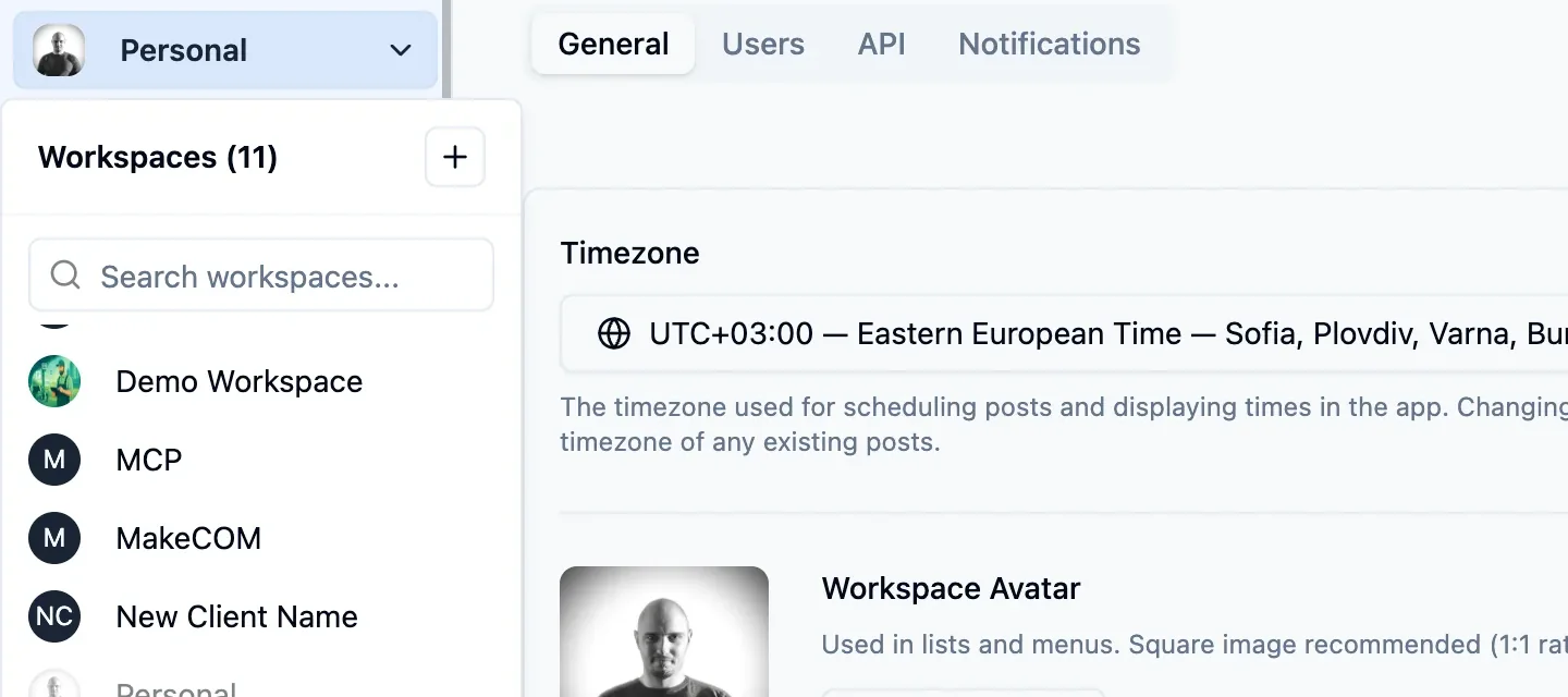 The PostFast workspace switcher open, listing the workspaces with a search box above them, beside the Edit workspace page.