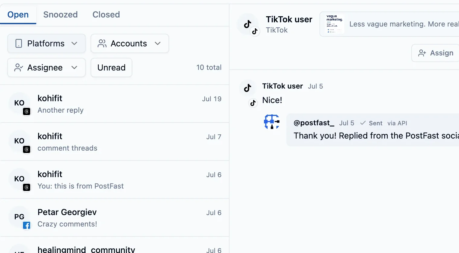 The PostFast Social Inbox: Open, Snoozed and Closed tabs, platform, account and assignee filters, a list of comment threads, and an open TikTok thread with the reply sent from PostFast.