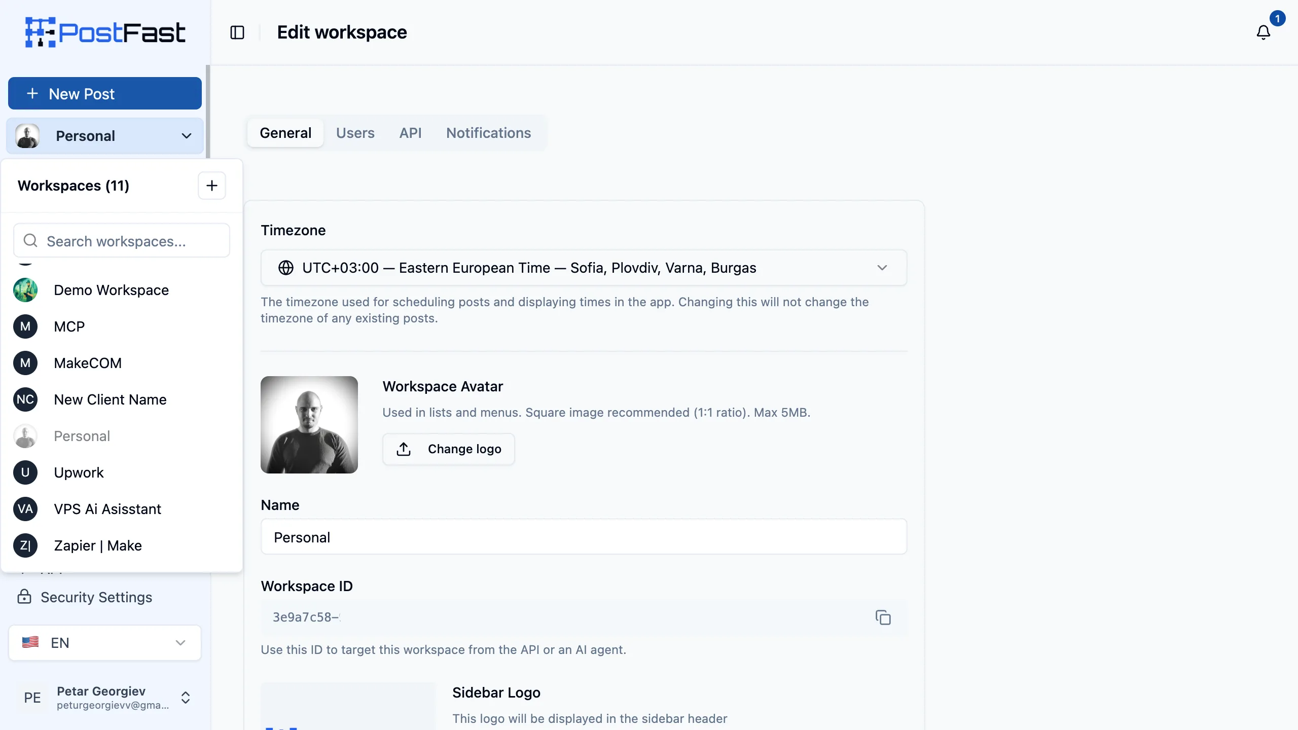PostFast workspace settings with the client workspace switcher open